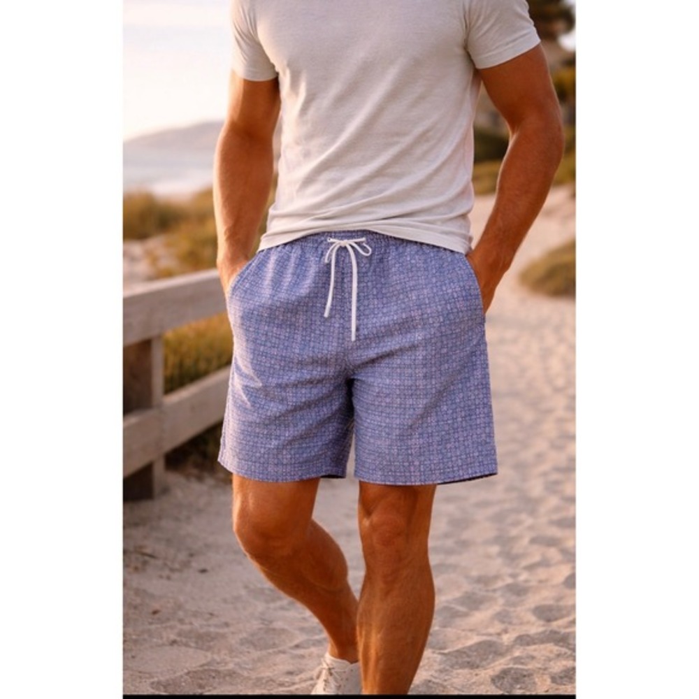 Faherty Shorelite Swim Trunk in Bluebell Flare Geo Small Lined Beach Vacation 7"